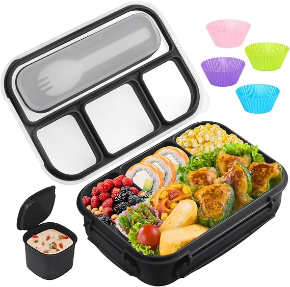Yumuk Bento Box for Kids 1300ML with 4 Compartment & Cake Cups, Black