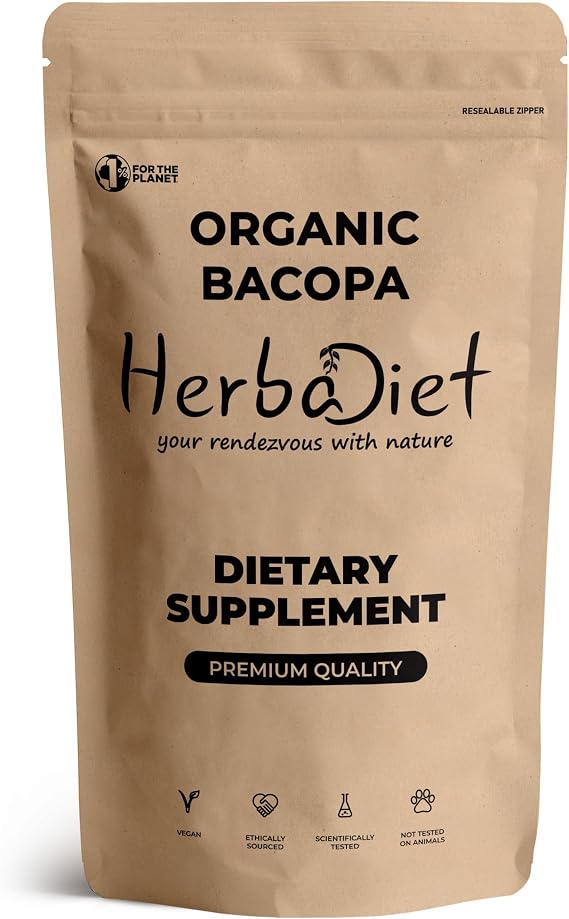Herbadiet Organic Bacopa Monnieri Powder | with Bacosides |Promotes Clarity, Memory & Attention | Non-GMO, Gluten Free (227 gram / 8 oz)