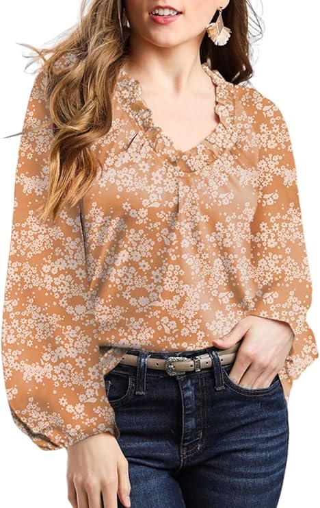 Dokotoo Womens Tops Fall Outfits for Women 2024 Casual Floral Print V Neck Flowy Smocked Puff Long Sleeve Shirt Loose Blouse