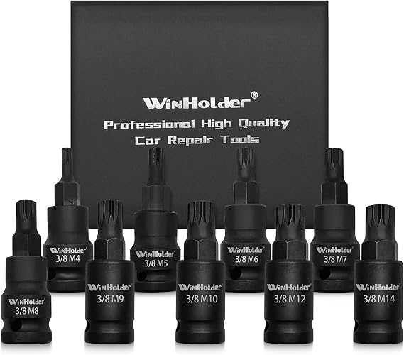 3/8" Drive Impact Hex Torx Spline Bit Socket Short Reach Allen Star Hand Tool Kit (9PCS Impact Spline Bit Sockets Set)
