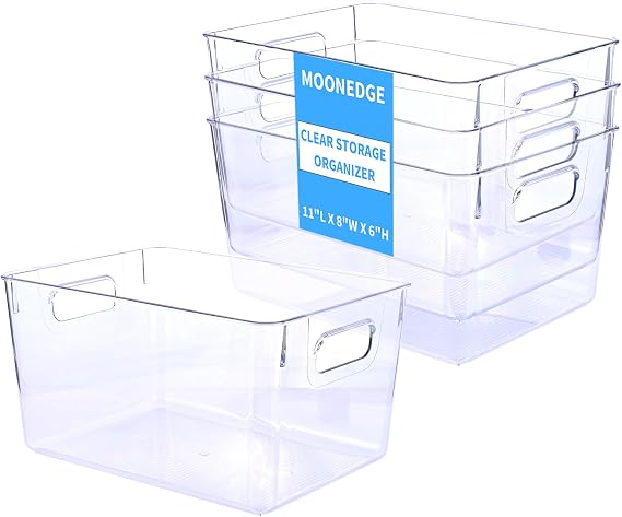 MOONEDGE 4 Pack Clear Plastic Storage Bins 11x8x6in Storage Containers