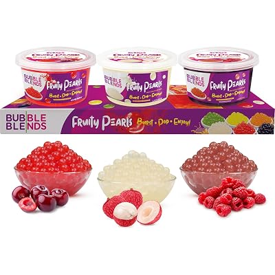 Bubble Blends Cherry, Lychee, Raspberry Popping Boba Variety Pack 3 x 1lb - Boba Pearls with Real Fruit Juice - Add-ons for Bubble Tea - Fat-Free Popping Pearls