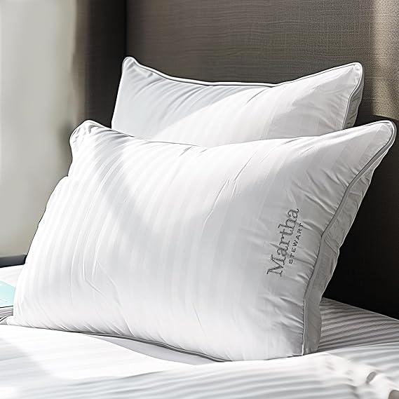 Martha Stewart Hotel Collection Pillow King Size Set of 2 | 500 Thread Count Damask Stripe Embroidered Feathers Soft Hypoallergenic 100% Cotton