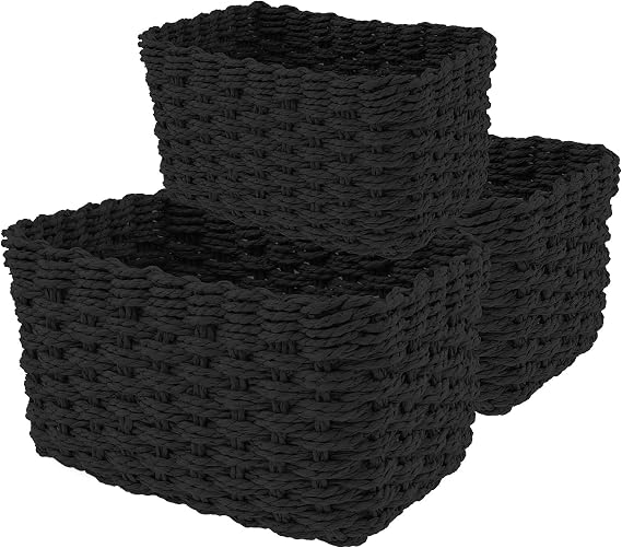 Set of 3 Storage Baskets for Organizing Grass Woven Desktop Basket Decorative Woven Baskets Multifunctional Toy Basket Cosmetics Display Hampers for Nursery Living Room Laundry Room Bedroom(black)