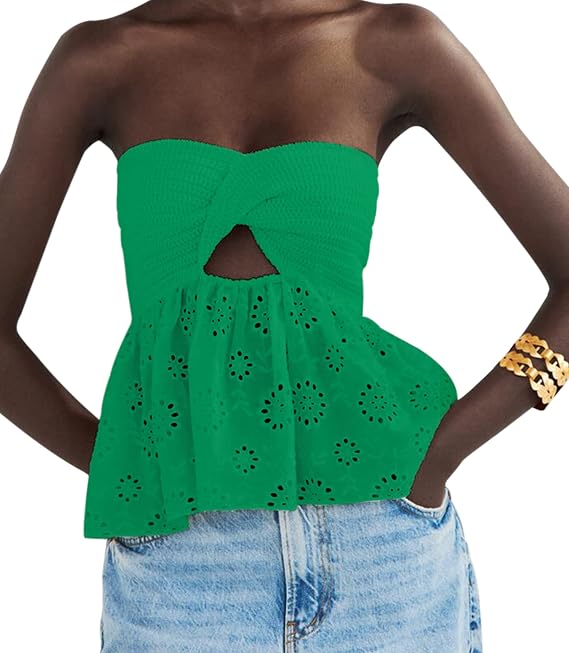 MISSACTIVER Women Twist Knot Knit Bandeau Tube Top Embroidery Strapless Off Shoulder Backless Hollow Crop Tank Corset Top