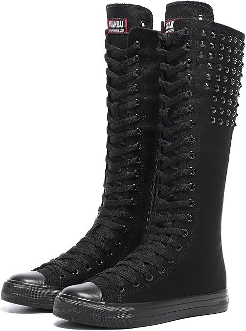 Momuk Punk Style Long Rivet Canvas Boots Knee High Casual Fashion Skirt Dress Shoes for Women & Girls
