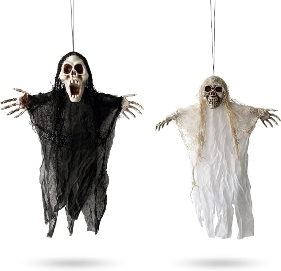 2 Pack Halloween Hanging Ghosts Decorations, 17.72 Inch Skeleton Hanging Ghosts with Tattered Gauze and Bendable Arms, Spooky Halloween Hanging Decor for Home Yard Porch Haunted House Party