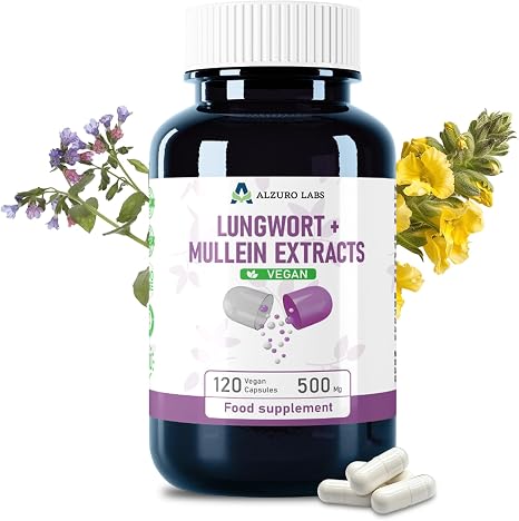 Lungenkraut & Königskerze 2.000 mg Äquivalent 500 mg 4:1 Extrakt 120 vegane Kapseln Lungwort – Pulmonaria officinalis & Verbascum GMP & Laborgeprüft