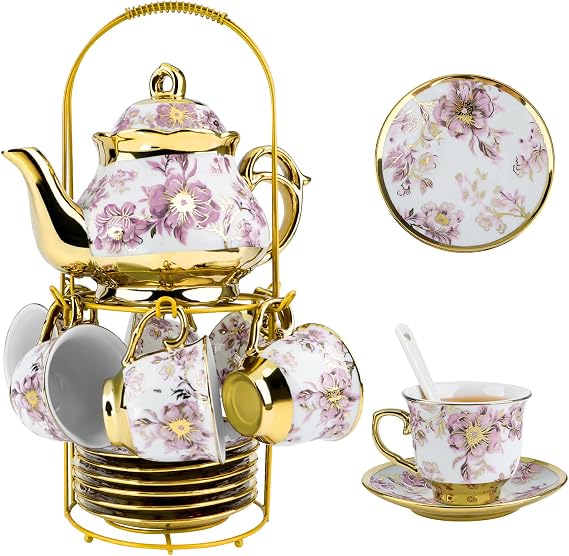 20 Pcs Porcelain Tea Set With Metal Holder,for 6 People,15 oz Teapot