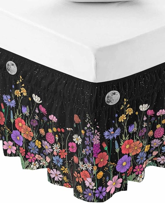 Spring Floral Bed Skirt Queen Size 16 Inch Drop, Summer Botanical Flower Adjustable Elastic Bedskirt Dust Ruffle for Queen Bed, Starry Sky Black Wrap Around Bed Skirts Pleated Bed Frame Cover