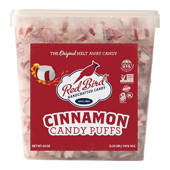 Red Bird Cinnamon Puffs Candy, Bulk Individually Wrapped Soft Mints, 52 oz Tub
