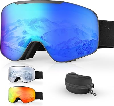 Unisex Ski Goggles with Magnetic Flip Cover, OTG Compatible Snowboard Goggles for Winter- Anti-Fog & U V Protection