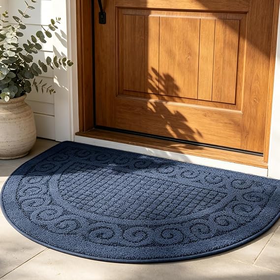Half Circle Door Mat Indoor 18"X30",Half Round Non Slip Machine Washable Entryway Porch Rug for Front/Back Outdoor, Absorbent Low Profile Inside Entrance Floor Mat for Muddy Wet Shoes and Paws-Navy...