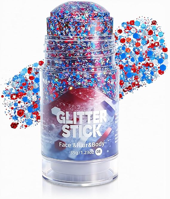 Go Ho 4th of July Glitter Stick,Patriotic Red White and Blue Face Hair Glitter,Fourth of July Accessories & Outfits Women,Sparkling USA Flag Body Glitter for Independence Day 250 Anniversary,1.23oz