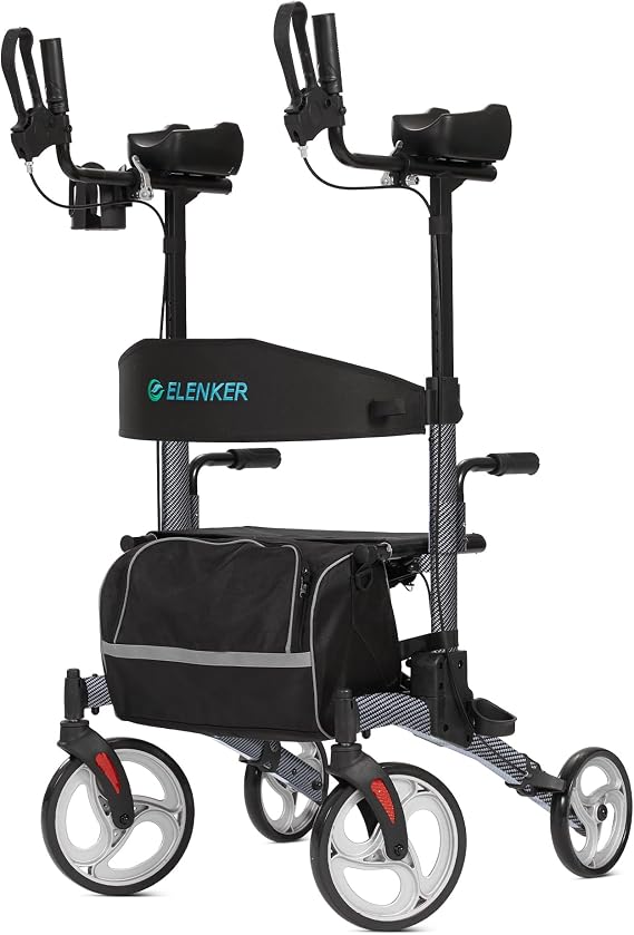 ELENKER Upright Walker, Stand Up Folding Rollator Walker with 10 Front Wheels Backrest Seat and Padded Armrest for Seniors(Carbon Fiber Black)