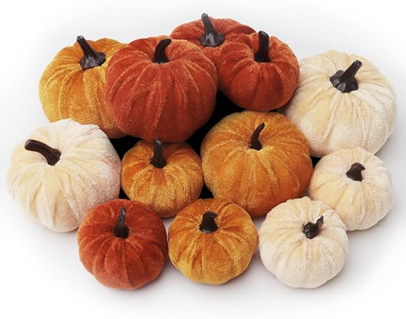 12 PCS Vibrant Artificial Pumpkins Set - Perfect for Pumpkin Decor, Ideal for Fall, Halloween, Thanksgiving Decorating 3 sizes and colors of fake velvet pumpkins Foam Pumpkins - Harvest Pumpkins, Faux