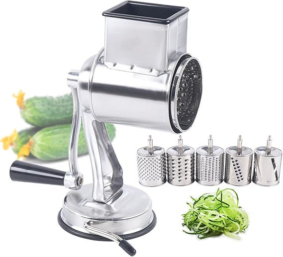 Rotary Cheese Grater, Stainless Steel Manual Vegetable Carrot Grater, Handheld Cheese Shredder Grater Walnuts Grinder with 5 Interchangeable Drum Blades for Chocolate Cheese Vegetables Fruit
