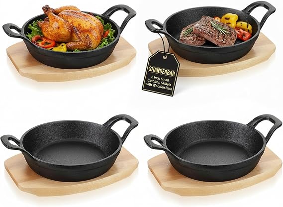 4 Sets Mini Cast Iron Skillets, 6.3 Inch Sizzling Plate with Wooden Base