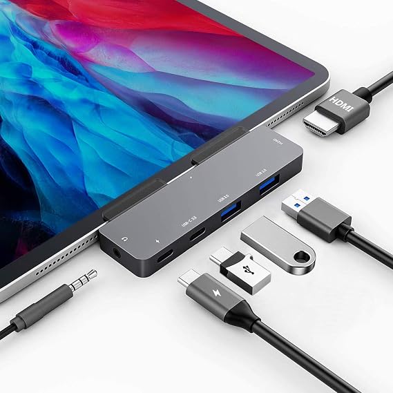 iPad Pro USB C Hub Adapter with 4K HDMI,3.5mm Jack,2 x USB3.0,PD 60W,USB C Data,SD/TF Card Slot,6in1 Adapter for M4 M2 M1 iPad Pro 11 12.9 2025-2018,iPad Air/Mini
