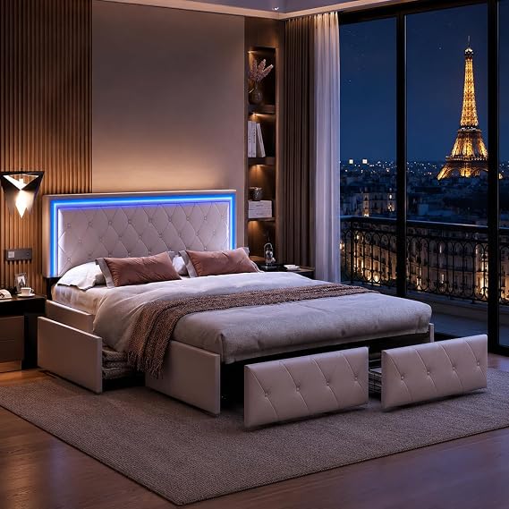 Bed 140 x 200 cm with Slatted Frame Double Bed with 4 Drawers and LED Double Beds with Slatted Frame Drawer 140 x 200 cm PU (Off-White 140 x 200 cm)
