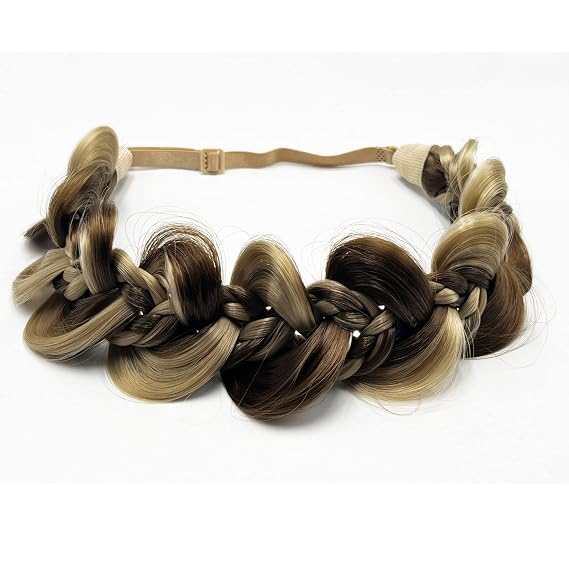 Hair Braid Headband Classic Chunky Plaited Braid Fishtail Gourd Shape Elastic Synthetic Wigs Braids Headband Trendy Girls Women Accessories (Sand Coffee Highlights)