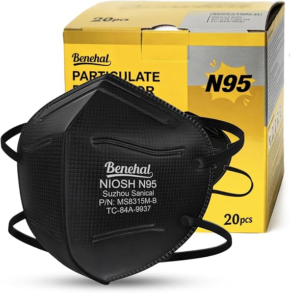 benehal NIOSH Approved N95 Mask for Adults, 20 Pack Individually Wrapped, Black N95 Face Mask, Breathable N95 Respirator Mask for Dust, Air Pollution, Construction Work