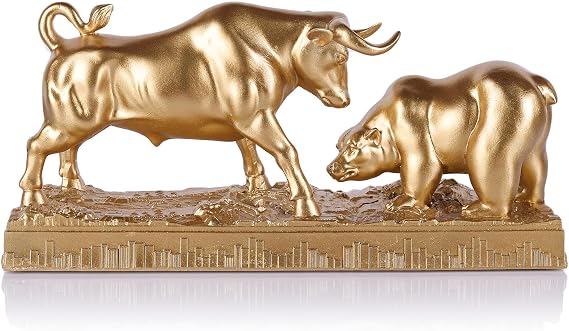 orenm Bull and Bear Statue for Desk, Wall Street Finance Sculpture, Resin Stock Market Decor, Financial Advisor Office Trading Desk Gift for Investors and Traders (Gold)