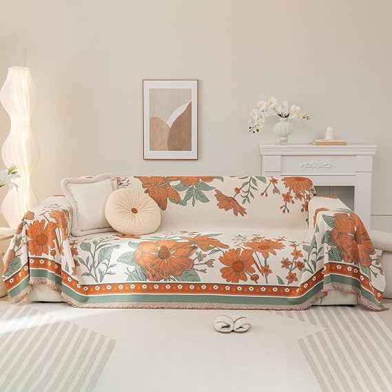 Floral Couch Cover Boho Slipcovers for Couches and Sofas Reversible Couch Protector Chenille Sofa Covers Washable Sectional Soft Universal L Shaped Couch Cover, Home Decor, 71"X134"