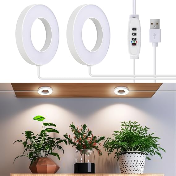Ceiling Grow Lights for Indoor Plants, 96 LEDs Full Spectrum Halo LED Plant Light, with 3/9/12H Auto Timer Switch, 3 Light Modes,10 Dimming, Plant Lights for Small Plants, 2 Head [Energy Class C]