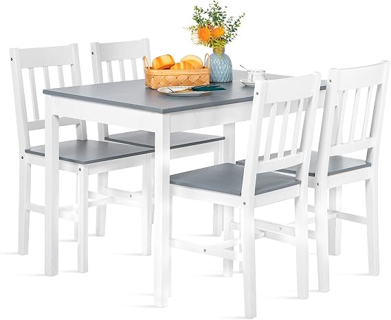Dining Table with 4 Chairs Pine Wood Dining Set for Dining Room Kitchen Living Room Grey and White AAAA01 5 Piece Solid Pine Dining Set - 1 Dining Table and 4 Chairs for Kitchen and Dining Room