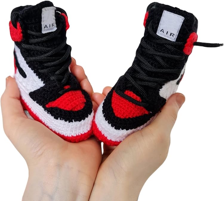 Crochet Baby Basketball Sneakers Booties, Retro Jordan High-Top Kicks, Soft Organic, Non-Slip Infant Shoes, Boys & Girls (03M, 36M, 69M, 912M) Newborn Gift for Basketball Fans Red