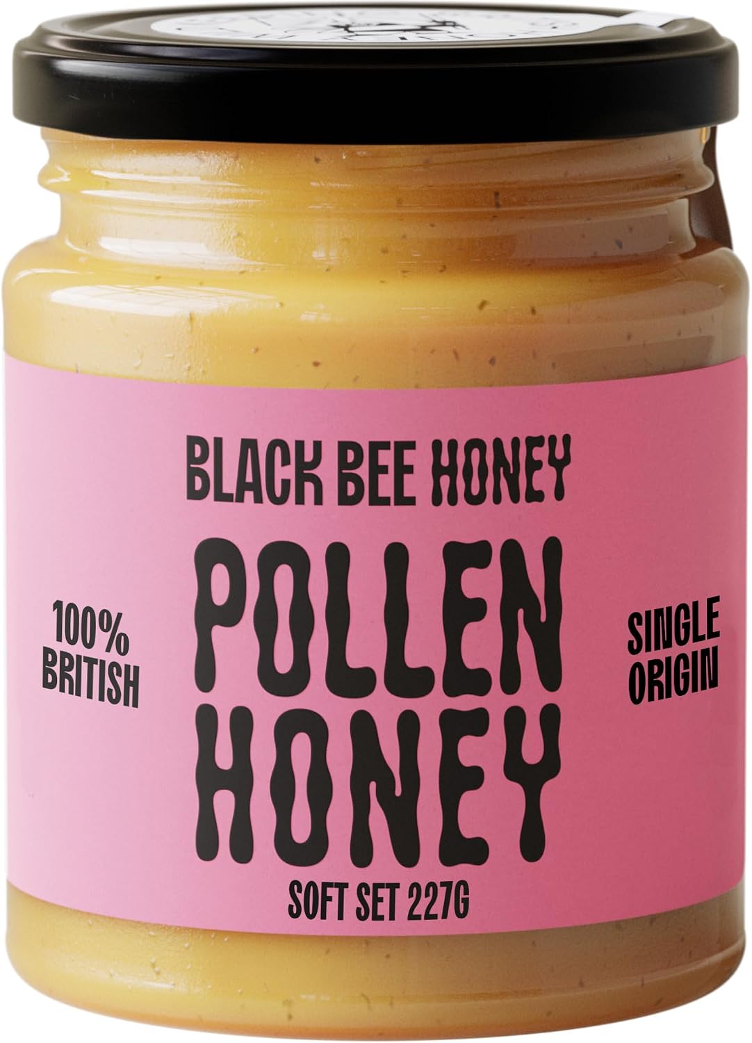 Black Bee Honey - Pure British Spring Honey with Bee Pollen Granules, Soft-Set Unprocessed, Single Source from Hive to Jar, Never Blended - Delicious on Toast or Soothing in Drinks, 227g Glass Jar