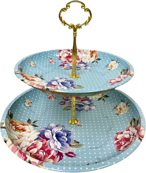 Charmed Vintage Floral Pattern 2 Tier Cake and Pastry Stand Server (Blue)