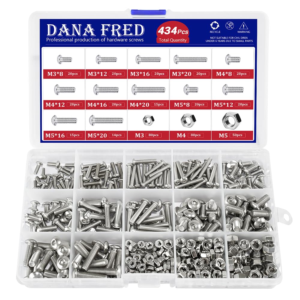 M3 M4 M5 Hex Button Socket Head Cap Screws Nuts Kit 434pcs M3-M5 304 Stainless Steel Metric Thread Hexagon Allen Head Drive Machine Bolts Nuts Metal Standard Fastener Hardware Assortment Kit Set