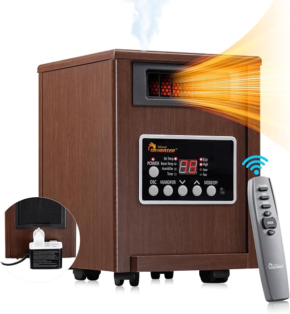 DR. INFRARED HEATER DR-998, 1500W Dual Heating Infrared Space Heater with Humidifier, Oscillation, Remote Control, Thermostat & Safety Protection, Portable with Wheels, Energy Efficient, Walnut