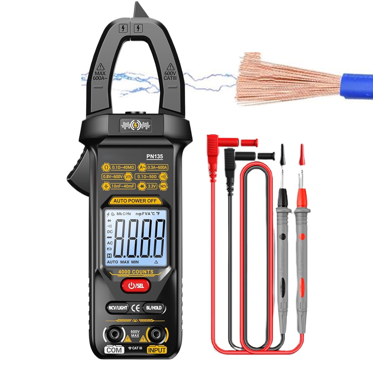 Clamp On Multimeter,4000 Counts Contactless DC Tester | Auto-Ranging Digital Display Clamp Meter for Current Voltage Electrical Automotive Workshop Industrial Garage Home Electrician