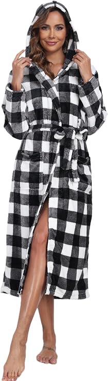 Super Shopping-zone Women's Plush Hooded Bathrobe Winter Warm Robes Soft Fleece Long Robe Luxury Dressing Gown