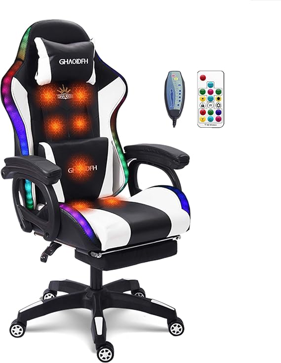 Massage Gaming Chair with Speakers and LED Light, Ergonomic Computer Gaming Chair with Footrest and Adjustable Lumbar Support, PU Leather, 90-135, Racing Video Gaming Chair.,White