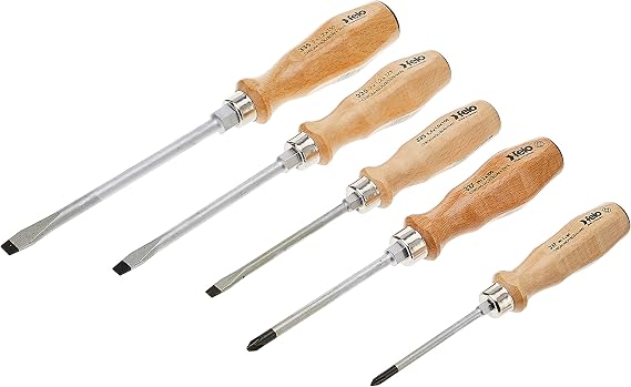Felo by Bondhus 07157 22155 Slotted & Phillips Wood Handle Screwdrivers, Set of 5, Chrome Finish Blade W/Beechwood Grip, 715722155, 1pack