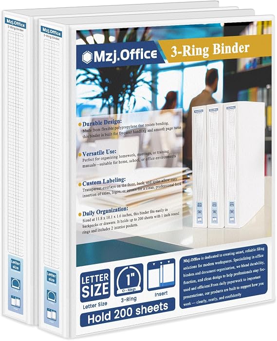 1 Inch Binders 3 Ring, 2 Pack White 3 Ring Binder 1 Inch