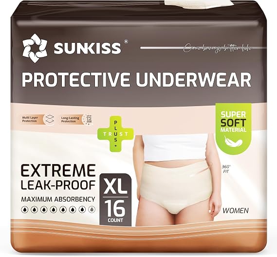 SUNKISS Women Daytime Incontinence Underwear, XLarge, Beige, 16 Count