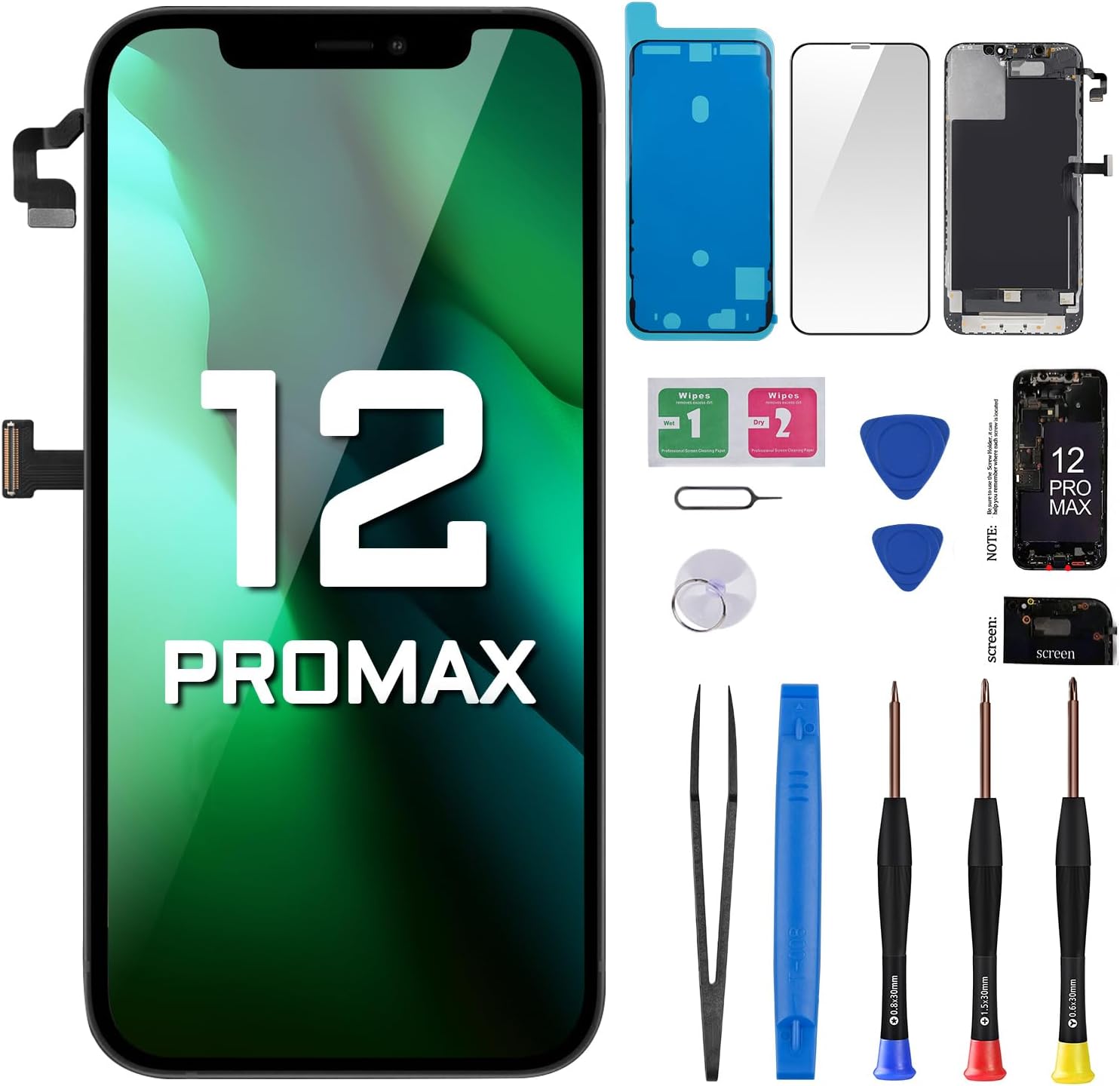 for iPhone 12 PRO MAX Screen Replacement 6.7 LCD Display 3D Touch Digitizer Full Assembly with Ear Speaker Proximity Sensor with Fix Repair Tools Kit Waterproof Adhesive A2411 A2342 A2410