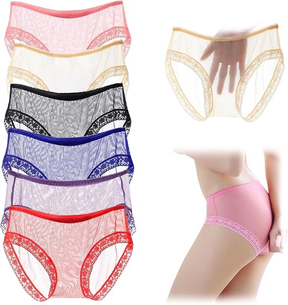 6pcs Women Sexy Ice Silk Sheer Lace Panties Underwear See Through Mesh Sheer lingerie Thongs Boyshorts Stretch Mid Rise Brief