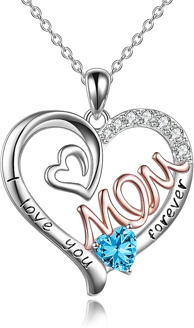 Gifts for Mom S925 Sterling Silver Birthstone Pendant I Love You Forever Mom Necklace for Women,18+2 Inch
