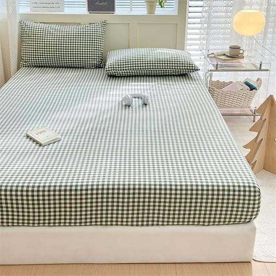 Tan Gingham Fitted Sheet Queen 100% Washed Cotton Taupe Plaid Queen Bed Sheet Grid Single Bottom Sheet with 15" Deep Pocket Gingham Bedding Grid