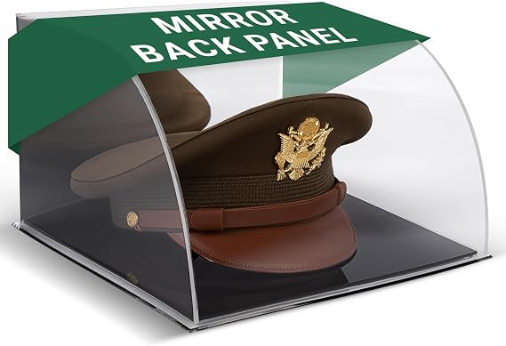 Clear Hat Display Case Military Hat Display Case for Police, Acrylic Showcase Box with Mirror Back & Black Base for Army, Navy, Air Force, Marines, Chauffeurs, or Service Caps