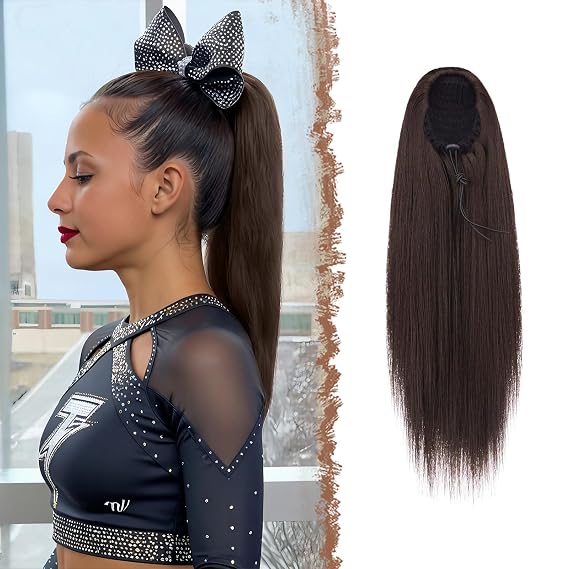 FESHFEN Ponytail with Straight Cord, 30 cm Long Natural Hair Ponytail, Brown Synthetic Extension for Women