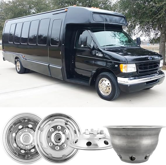 16" Polished Stainless Steel Dually Wheel Simulator fit for 1974-1998 Ford F350, 2008-2021 E350/E450 Van,1974-1999 Dodge Ram 3500,4pcs Bolt On Hubcaps,8 Lug 8 Hand Hole Wheel Cover 608F
