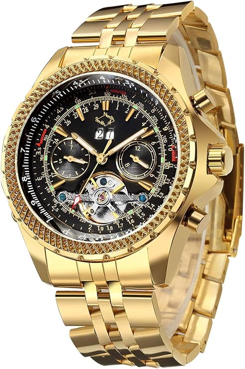 Gute Mens Watches, Mechanical Automatic Skeleton Watch for Men, Luxury Big Face Multi Functional Tourbillon Calendar Wristwatch