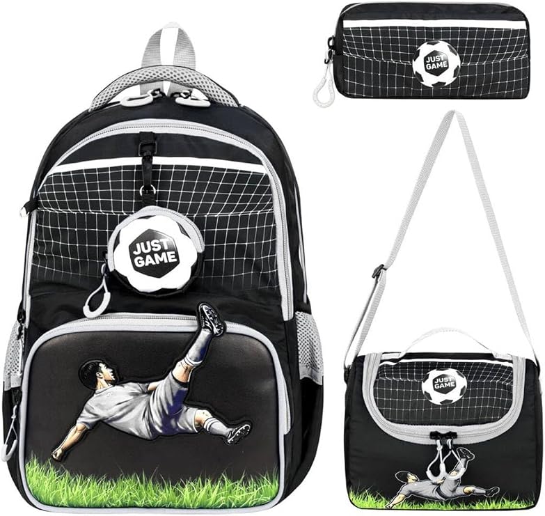 Çok Bölmeli JUST GAME Ortopedik Okul Çantası, Beslenme Çantası ve Kalemlikli 3'lü Set, Siyah, 30x42x20 cm